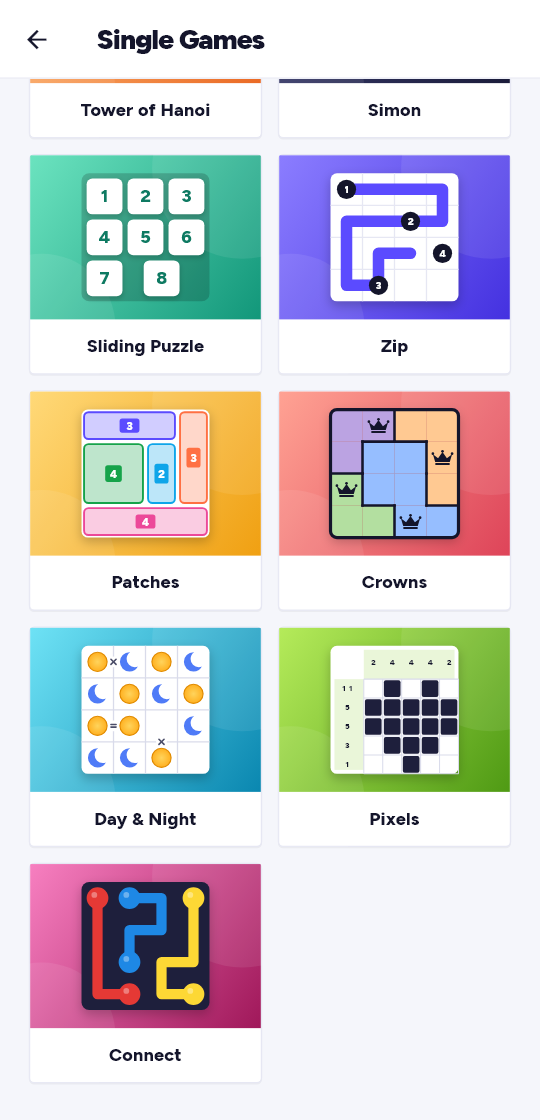 The Single Games screen: a card for each mini-game, each with a small illustration of its board.