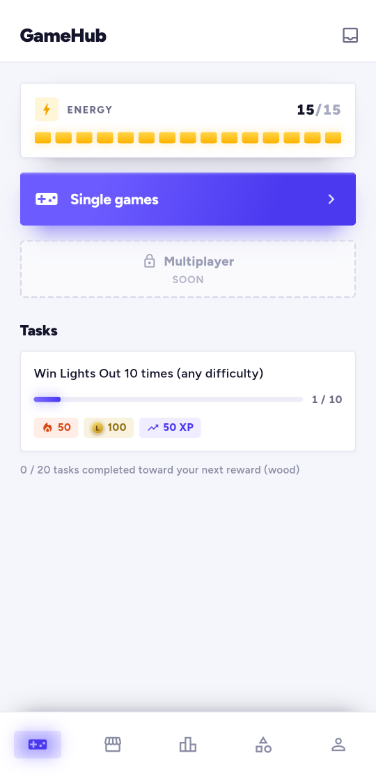 The Logikoo GameHub: a full energy bar at 15 of 15, the Single games button, Multiplayer marked as coming soon, and the day's task with its fire, coin and XP rewards.