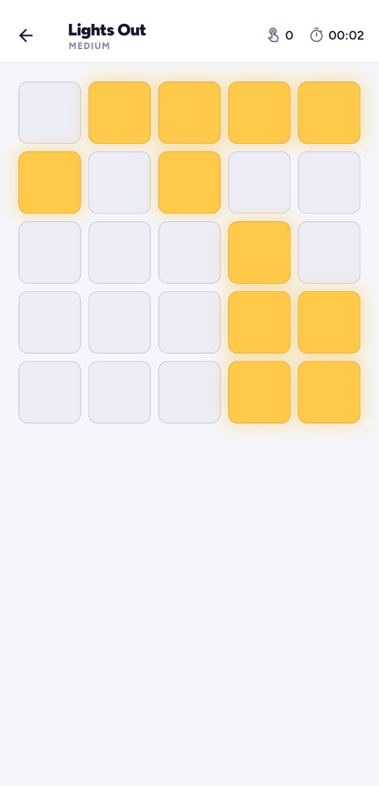 A Lights Out game in progress: a 5 by 5 grid of amber and off-white tiles, with a move counter and a timer.