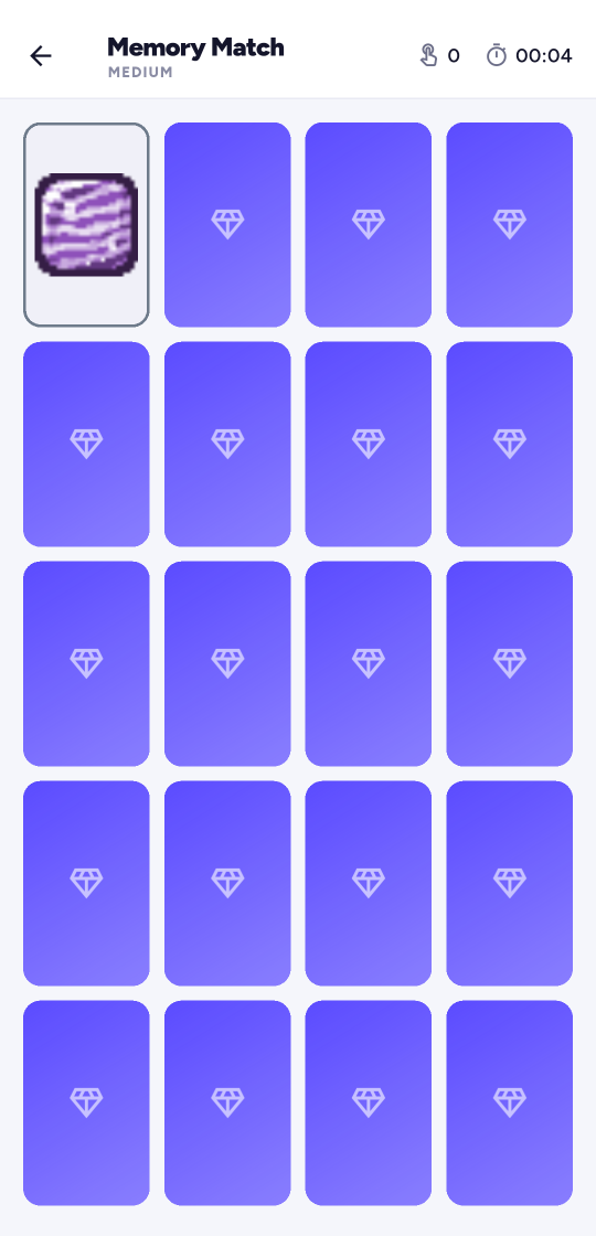 A Memory Match game in progress: a grid of violet cards with one flipped to reveal a gem.