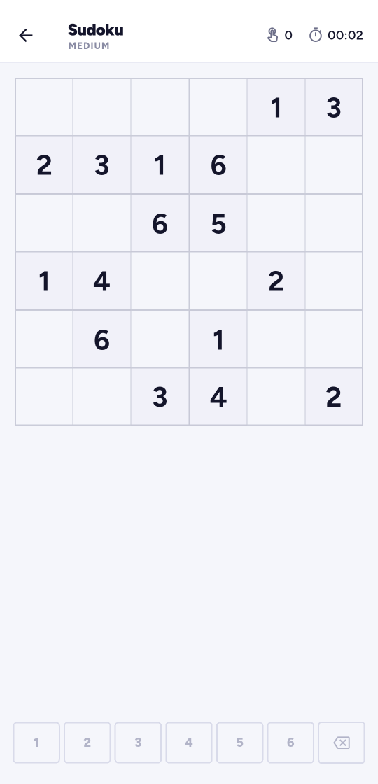 A Sudoku game in progress: a 6 by 6 grid part-filled with digits, and a row of number keys along the bottom.